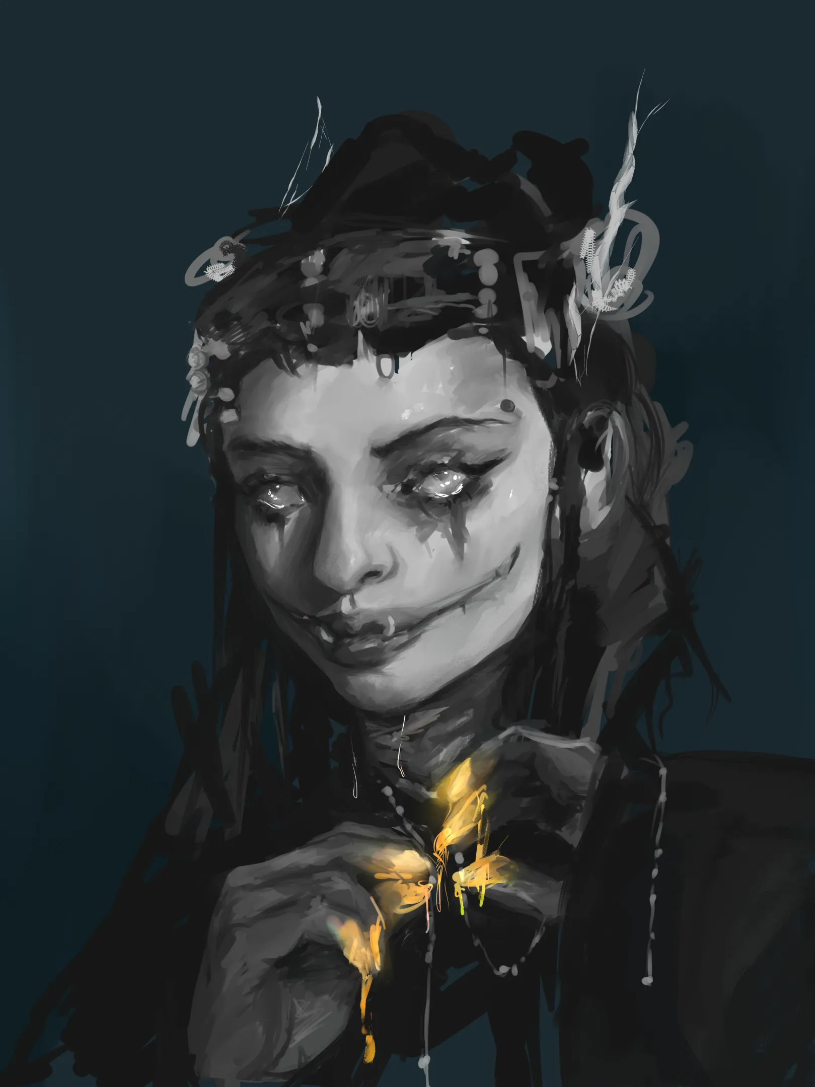digital painting of a girl with a headress type thing on her head, she is in greyscale but the background is teal and her fingers have a yellow liquid glowing on them